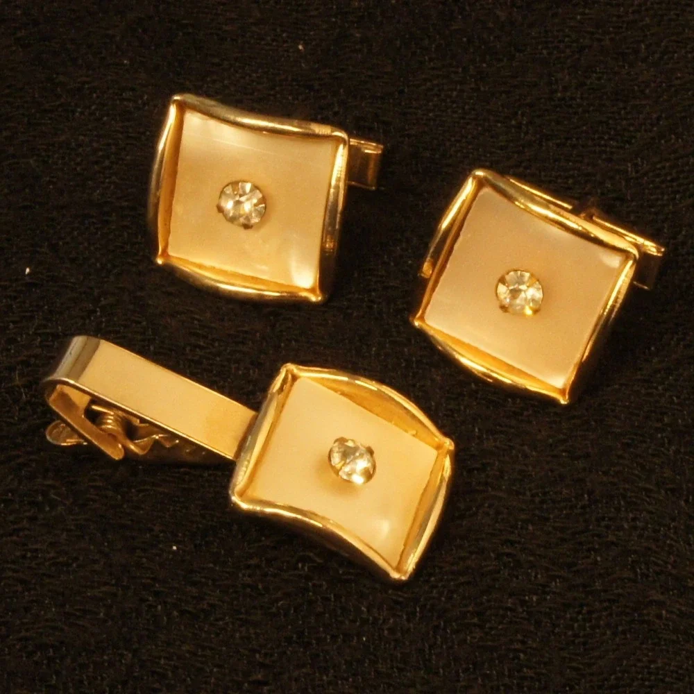 Mens Cufflinks & Tie Clip Set‎ Gold Tone Ivory Center Rhinestone Classic